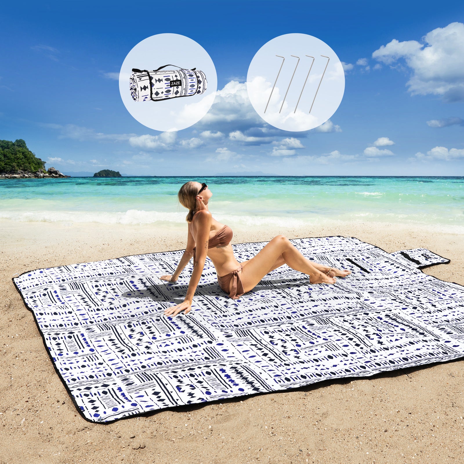 ZAZE Picnic Blankets Beach Blanket, 80''x80'' Extra Large Thick 3-Layers,  Sandproof Machine Washable Waterproof Foldable Oversized XL Outdoor Mat,  for Camping, Park, Travel, Grass(Blue White Stripe) Blue and White Stripe